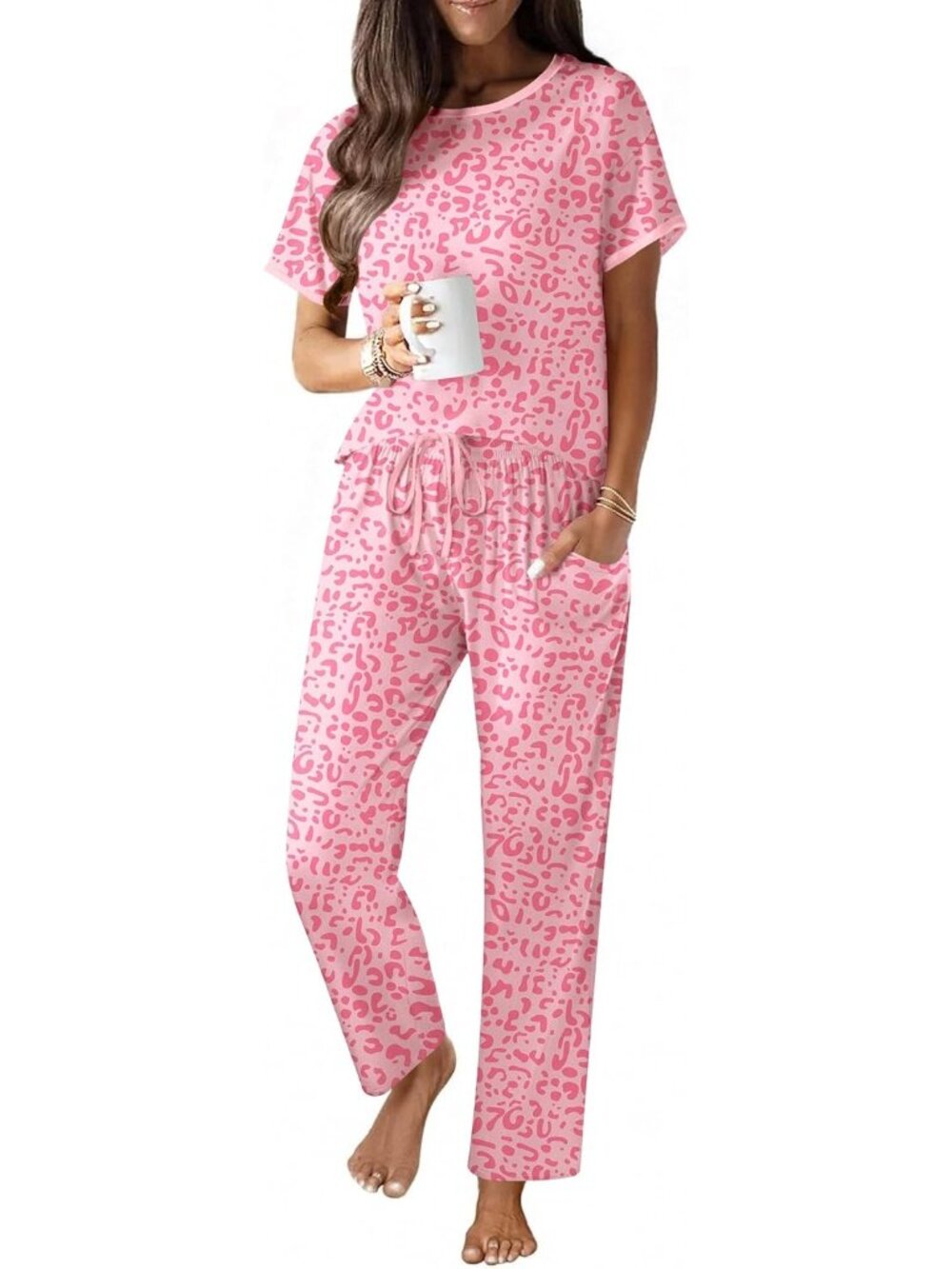 Women Pink Leopard Cotton Short Sleeve Shirt Soft Lounge 2 Piece Pajamas Sets